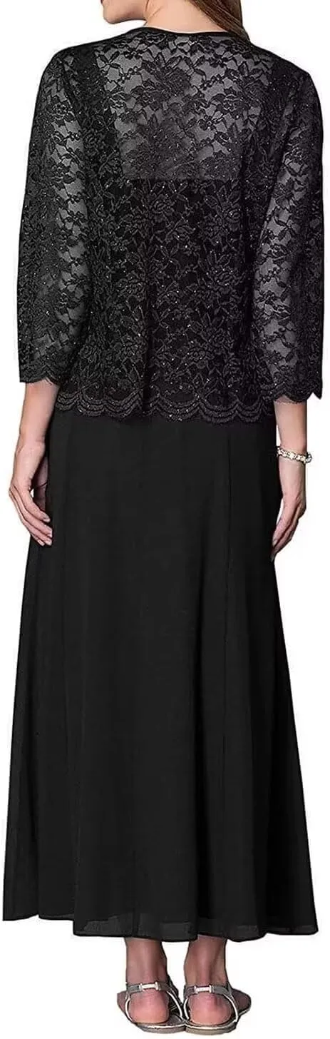 2 Piece Mother of The Bride Dresses for Women with Jackets Tea Length Chiffon Formal Dress for Wedding Guest Long Sleeve