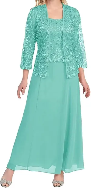 2 Piece Mother of The Bride Dresses for Women with Jackets Tea Length Chiffon Formal Dress for Wedding Guest Long Sleeve