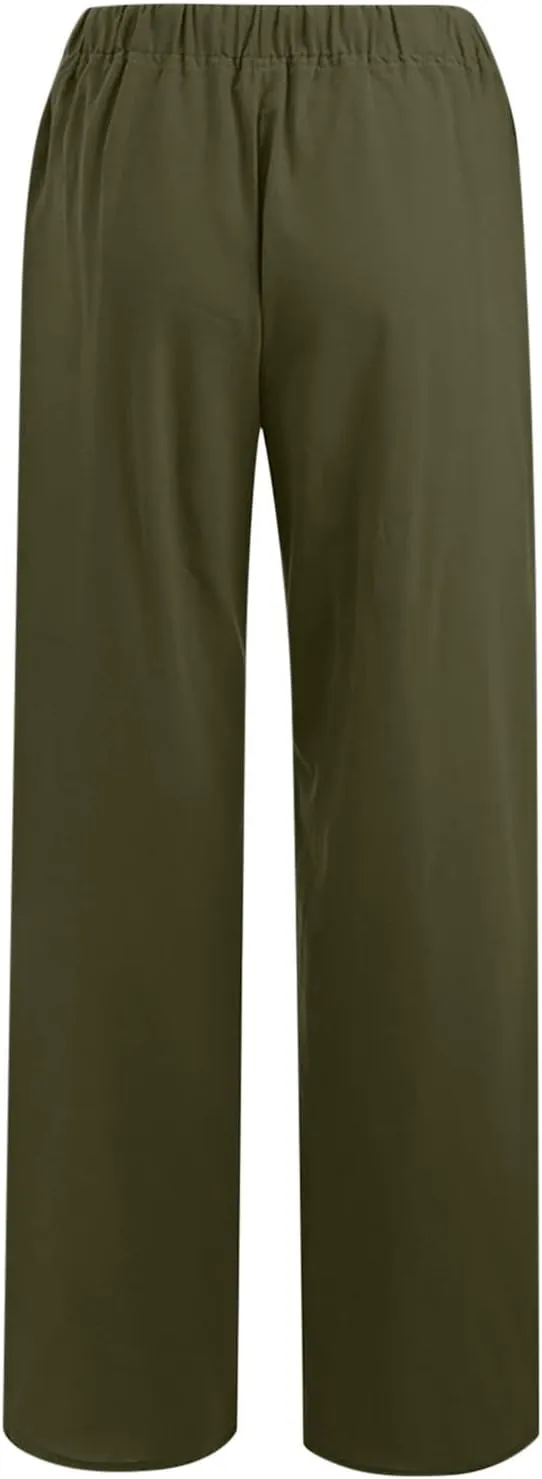 2024 Fashion Cotton Linen Pants Women's Summer Casual Drawstring Wide Leg Palazzo Pants Loose Comfy Trousers Pockets