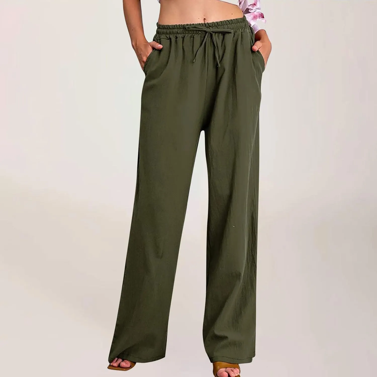 2024 Fashion Cotton Linen Pants Women's Summer Casual Drawstring Wide Leg Palazzo Pants Loose Comfy Trousers Pockets