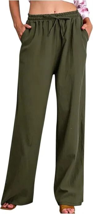 2024 Fashion Cotton Linen Pants Women's Summer Casual Drawstring Wide Leg Palazzo Pants Loose Comfy Trousers Pockets