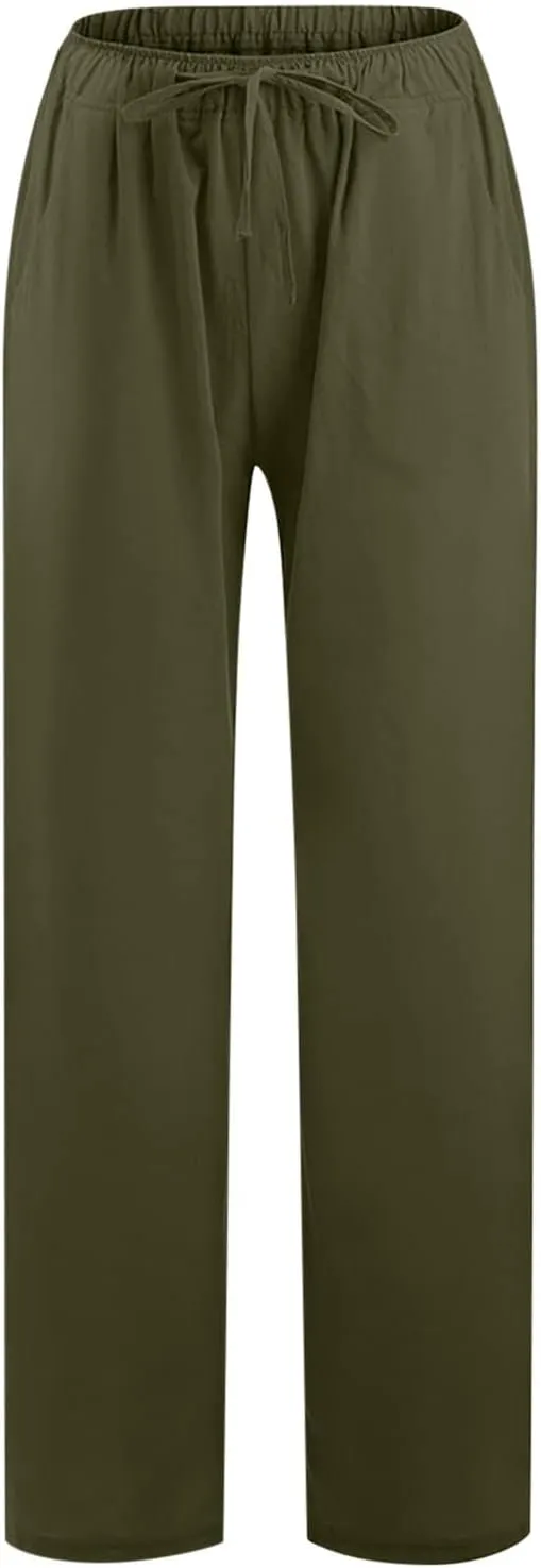 2024 Fashion Cotton Linen Pants Women's Summer Casual Drawstring Wide Leg Palazzo Pants Loose Comfy Trousers Pockets