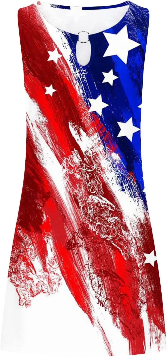 2024 Women Summer Fashion Short Mini Dress Fourth of July Sleeveless Tank Tshirt Dress Casual Loose Beach Sundress