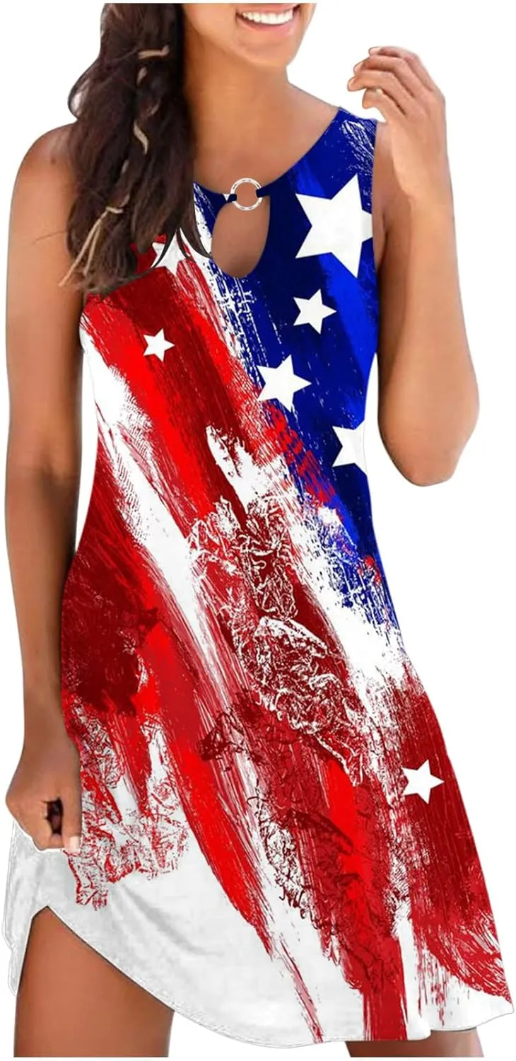 2024 Women Summer Fashion Short Mini Dress Fourth of July Sleeveless Tank Tshirt Dress Casual Loose Beach Sundress