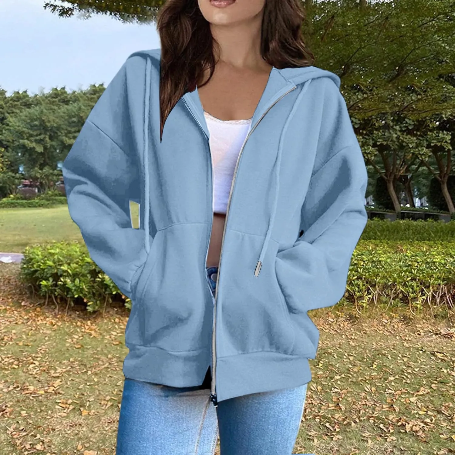 2025 Spring Women's Drawstring Zip Up Cute Hoodies Soft Jacket Plus Size Casual Sweatshirts with Pocket