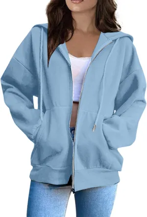 2025 Spring Women's Drawstring Zip Up Cute Hoodies Soft Jacket Plus Size Casual Sweatshirts with Pocket