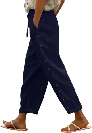 2025 Summer Linen Pants for Women Straight Leg Side Button Casual Pant Women Baggy Elastic Waist Trousers with Pocket