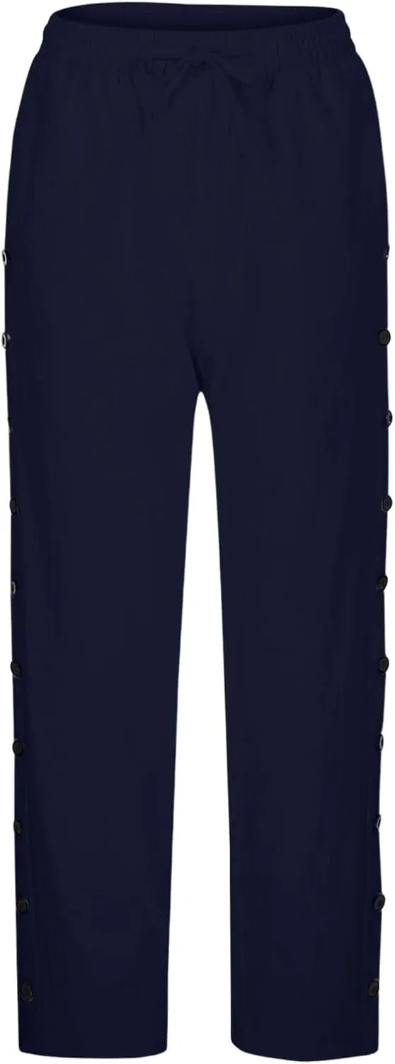 2025 Summer Linen Pants for Women Straight Leg Side Button Casual Pant Women Baggy Elastic Waist Trousers with Pocket
