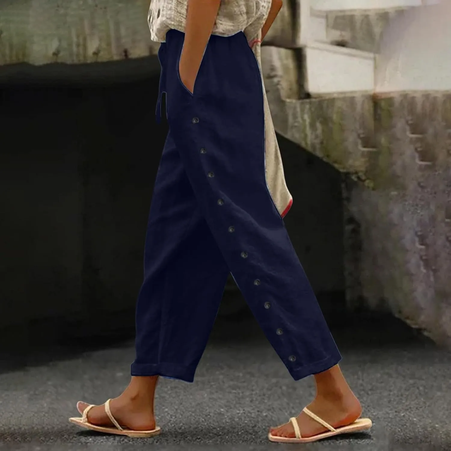 2025 Summer Linen Pants for Women Straight Leg Side Button Casual Pant Women Baggy Elastic Waist Trousers with Pocket