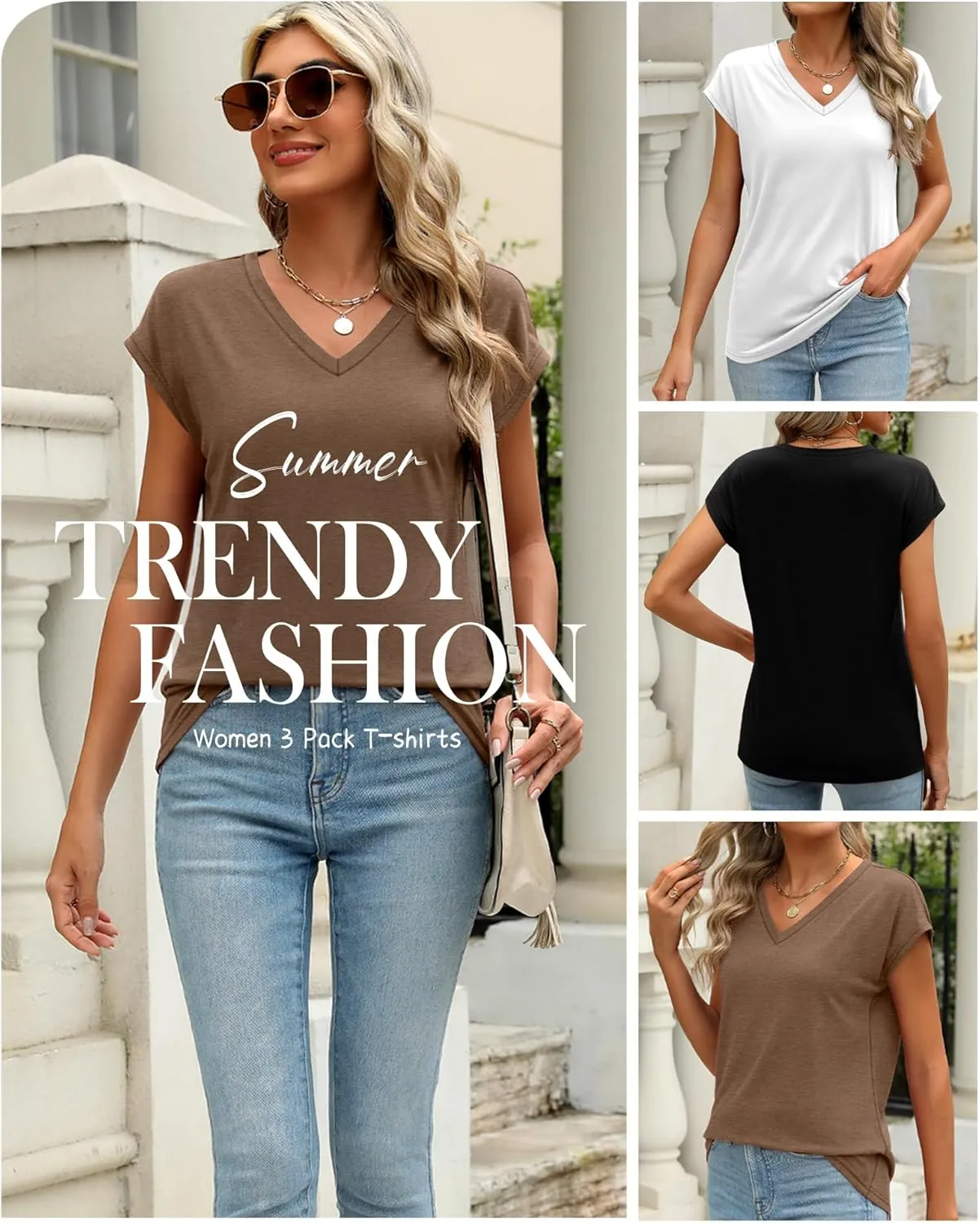 3 Pack Women's Cap Sleeve T Shirts Cotton V Neck Tops Loose Fit Tshirts Soft Basic Casual Summer Tee