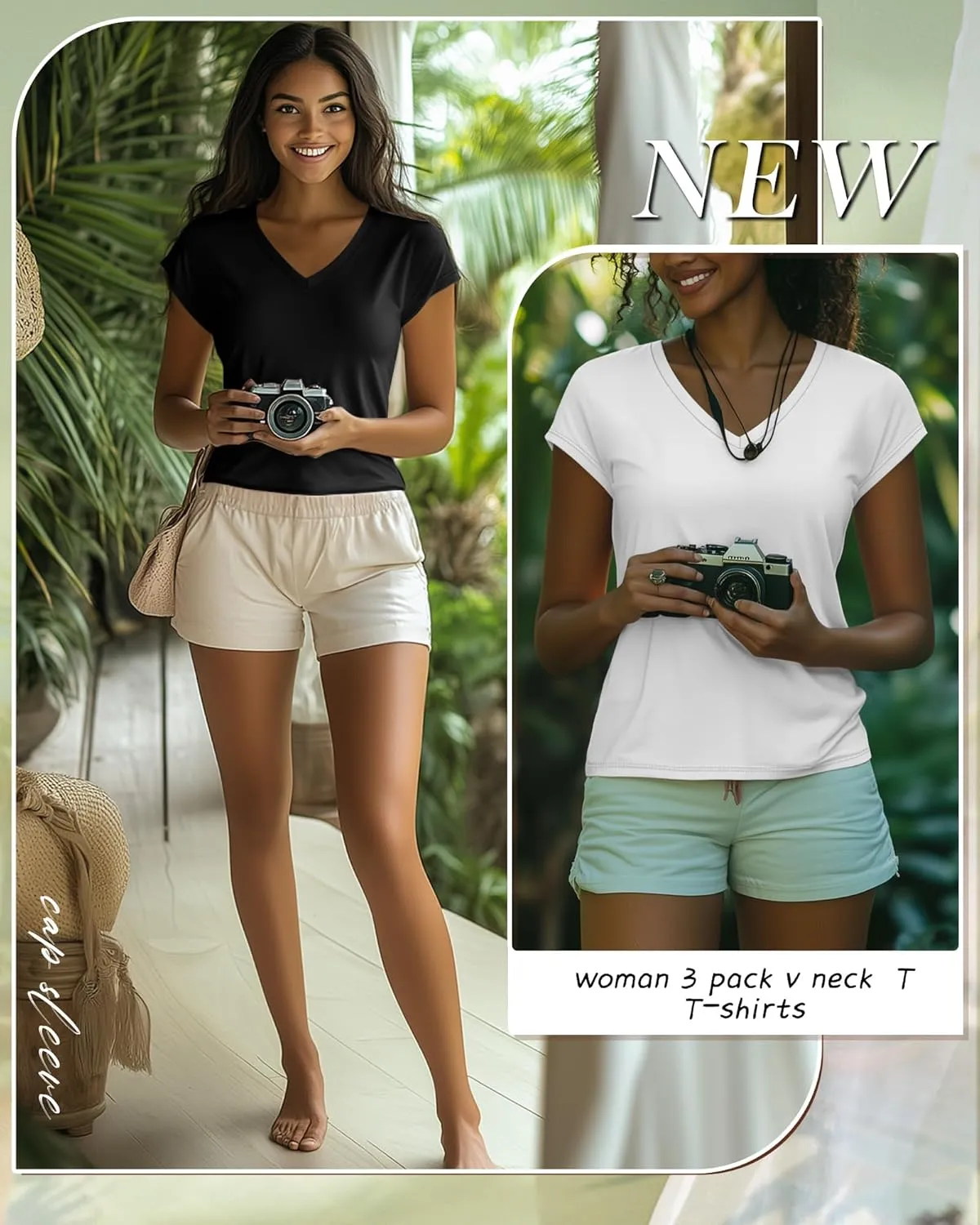 3 Pack Women's Cap Sleeve T Shirts Cotton V Neck Tops Loose Fit Tshirts Soft Basic Casual Summer Tee