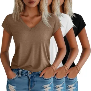 3 Pack Women's Cap Sleeve T Shirts Cotton V Neck Tops Loose Fit Tshirts Soft Basic Casual Summer Tee