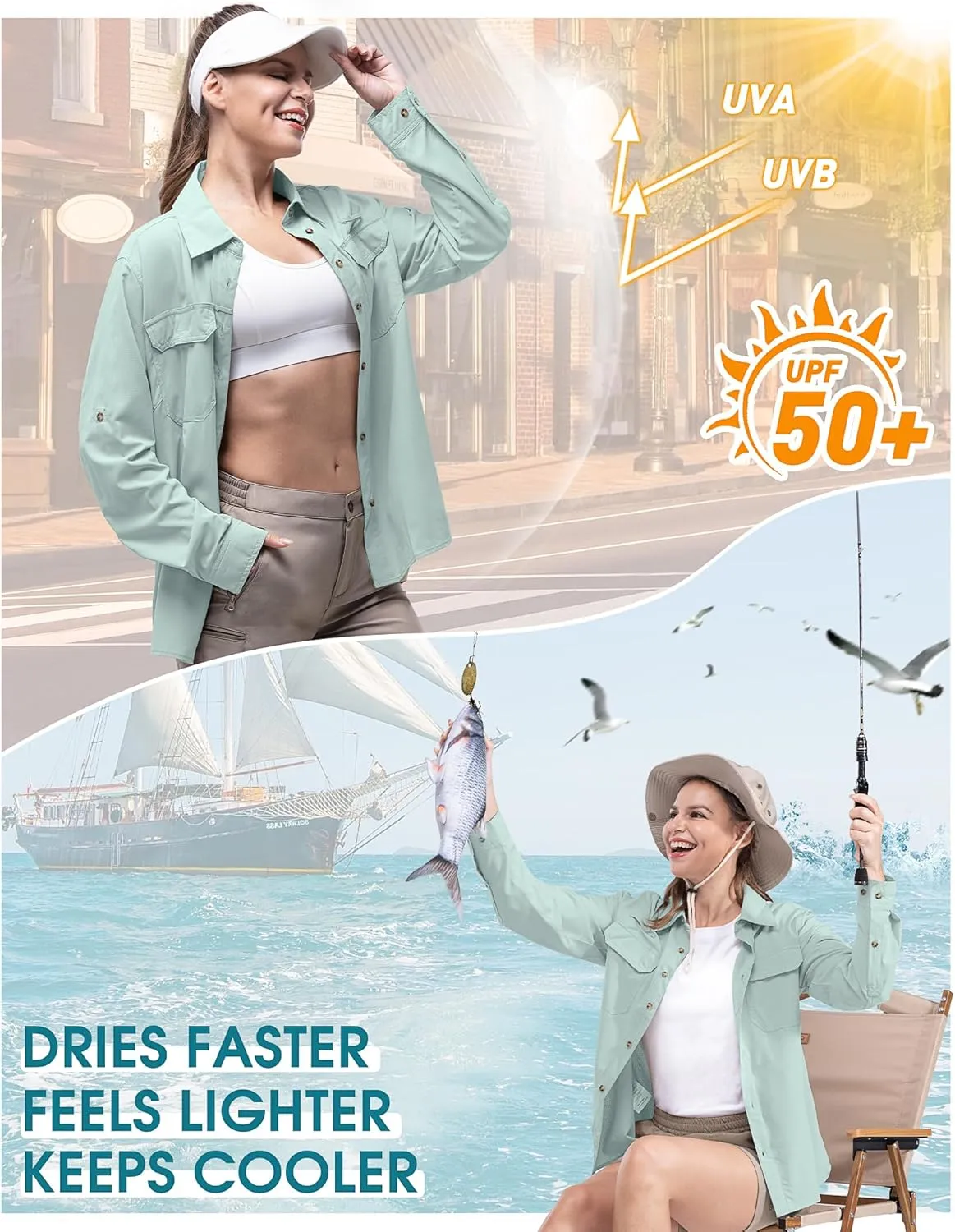 33,000ft Women's UPF 50 UV Sun Protection Shirt, Cool Quick Dry Long Sleeve Outdoor Fishing Hiking Safari Travel Shirt