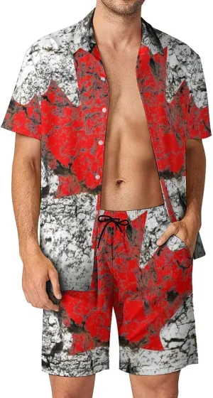 Adugen Origei Men's Canada Flag Button-Up Shirt Hawaiian Shirt Party Beach Suit Dry Surfing Beach Shorts with Pockets L