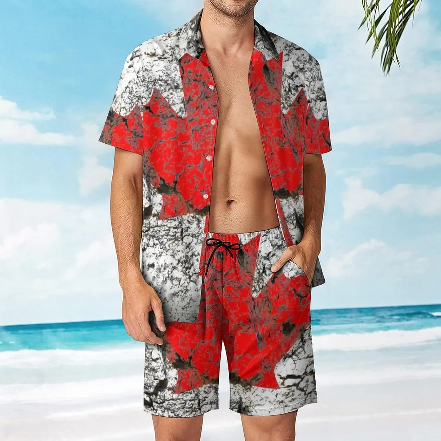Adugen Origei Men's Canada Flag Button-Up Shirt Hawaiian Shirt Party Beach Suit Dry Surfing Beach Shorts with Pockets L