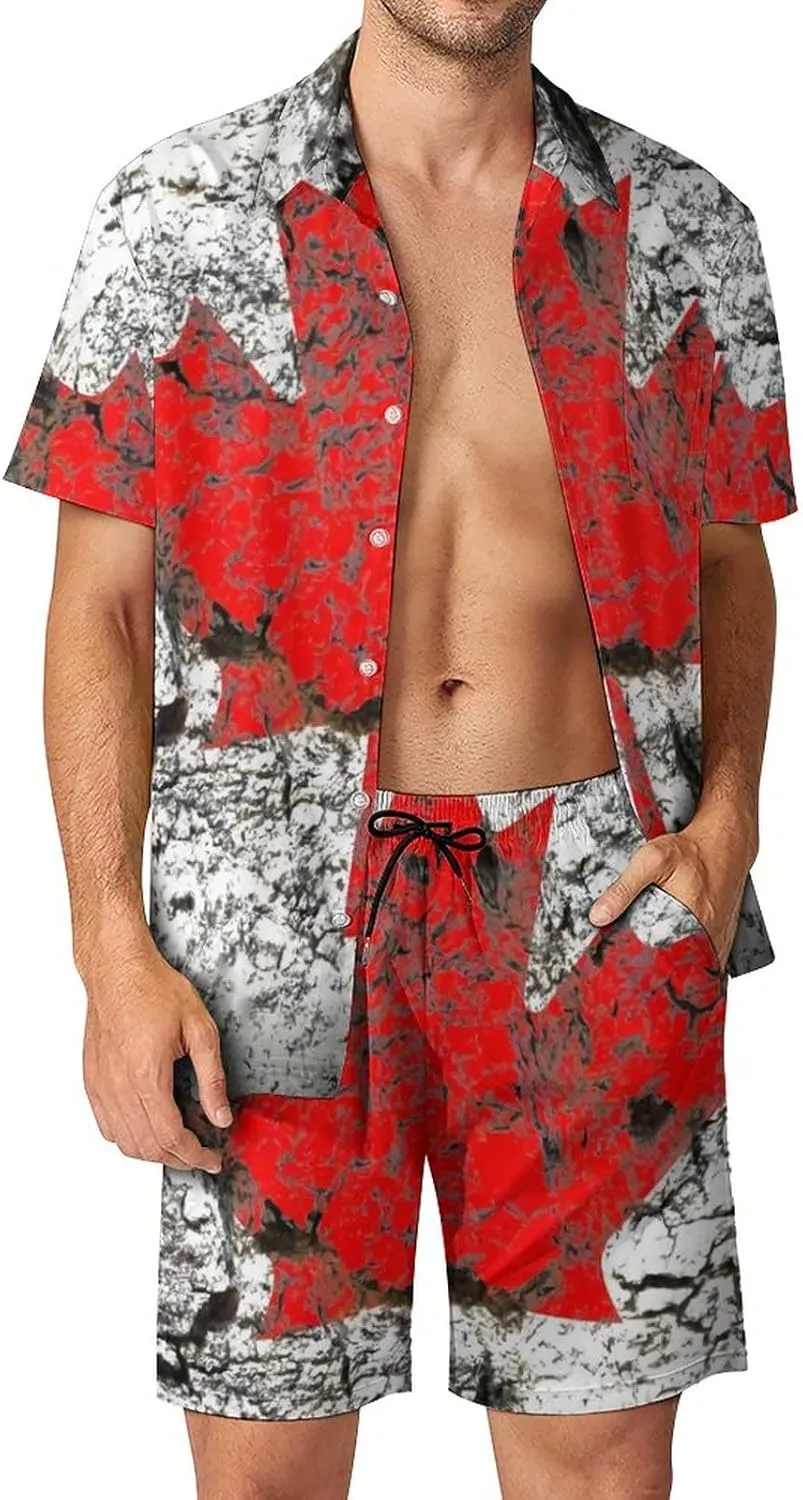 Adugen Origei Men's Canada Flag Button-Up Shirt Hawaiian Shirt Party Beach Suit Dry Surfing Beach Shorts with Pockets L