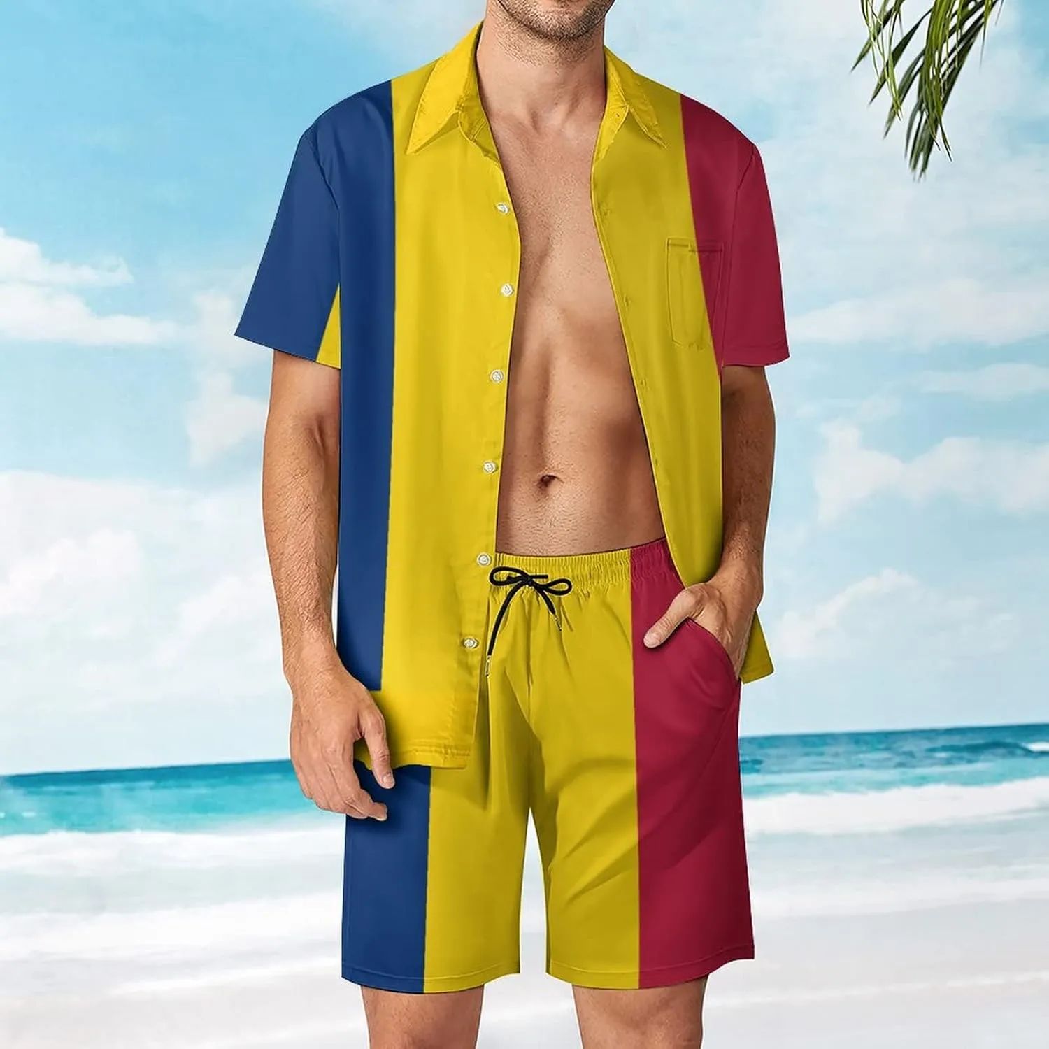 Adugen Origei Men's Romanian Flag Button-Up Shirt Hawaiian Shirt Party Beach Suit Dry Surfing Beach Shorts with Pockets L