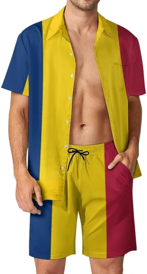 Adugen Origei Men's Romanian Flag Button-Up Shirt Hawaiian Shirt Party Beach Suit Dry Surfing Beach Shorts with Pockets L