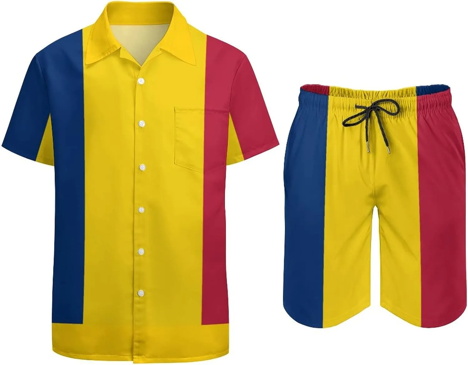 Adugen Origei Men's Romanian Flag Button-Up Shirt Hawaiian Shirt Party Beach Suit Dry Surfing Beach Shorts with Pockets L