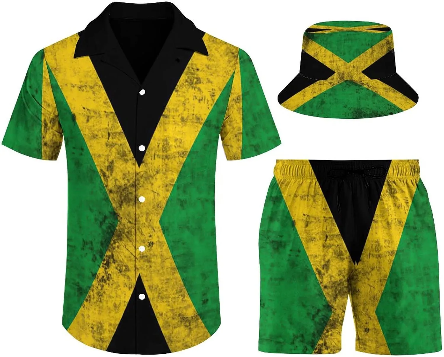Adugen Origei Summer Combo Men's Two Piece Matching Sets Jamaica Fisherman's Hat Beach Suit Button-Up Shirt Hawaiian Shirt