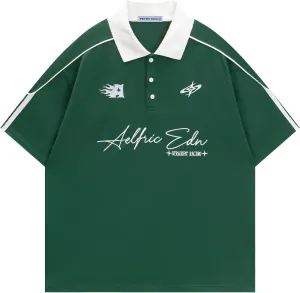 Aelfric Eden Mens Vintage Letter Polo Tee Oversized Button Collar Graphic Patchwork T Shirt Short Sleeve Summer Tops