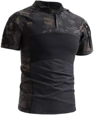 AKARMY Men's Military Short Sleeve T-Shirt, Tactical Cargo Pullover Polo Shirts, Outdoor Camo Shirt with 1/4 Zipper