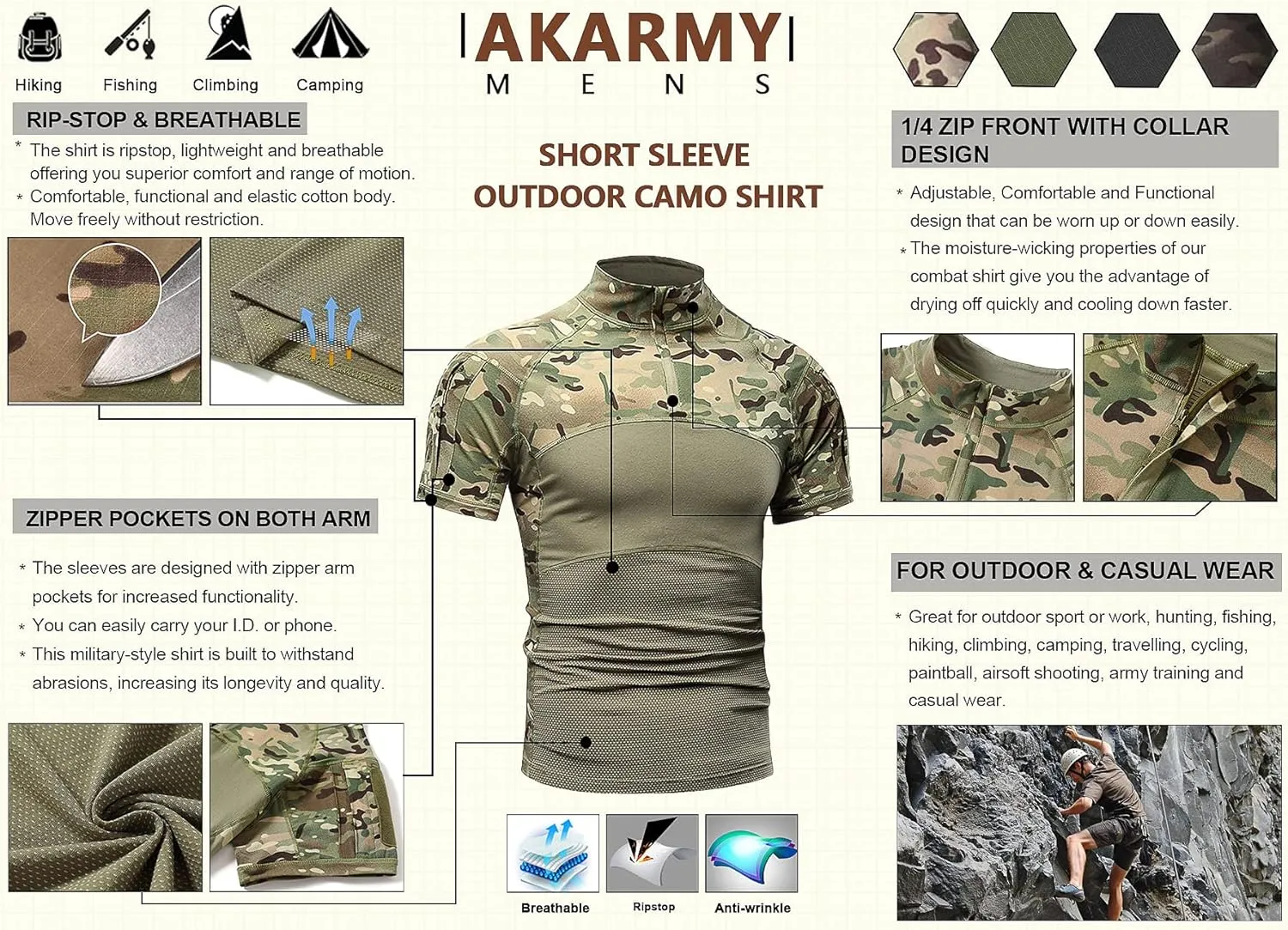 AKARMY Men's Military Short Sleeve T-Shirt, Tactical Cargo Pullover Polo Shirts, Outdoor Camo Shirt with 1/4 Zipper