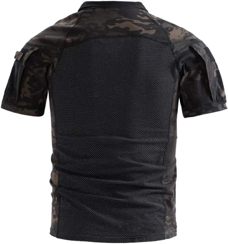 AKARMY Men's Military Short Sleeve T-Shirt, Tactical Cargo Pullover Polo Shirts, Outdoor Camo Shirt with 1/4 Zipper