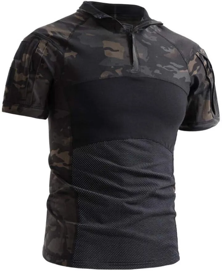 AKARMY Men's Military Short Sleeve T-Shirt, Tactical Cargo Pullover Polo Shirts, Outdoor Camo Shirt with 1/4 Zipper