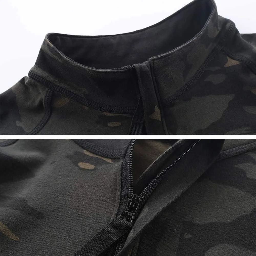 AKARMY Men's Military Short Sleeve T-Shirt, Tactical Cargo Pullover Polo Shirts, Outdoor Camo Shirt with 1/4 Zipper