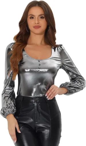 Allegra K Metallic Blouse for Women's Christmas Sparkly Party Shiny Bishop Sleeve Glitter Tops