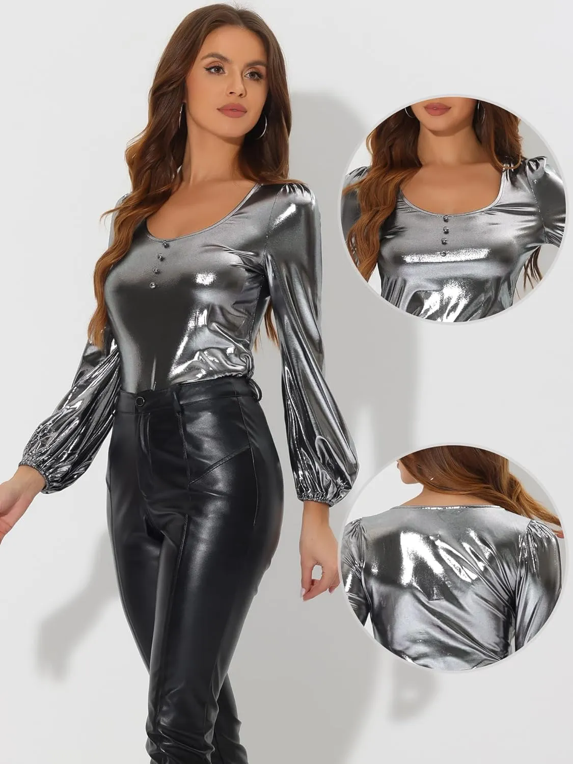Allegra K Metallic Blouse for Women's Christmas Sparkly Party Shiny Bishop Sleeve Glitter Tops