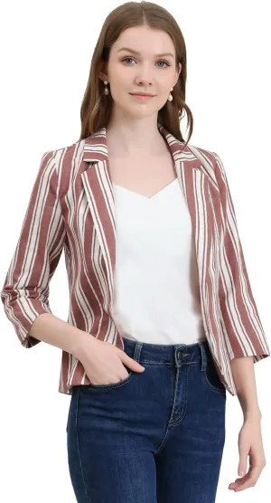 Allegra K Women's Striped Open Front Work Office 3/4 Sleeves Casual Notched Lapel Blazer