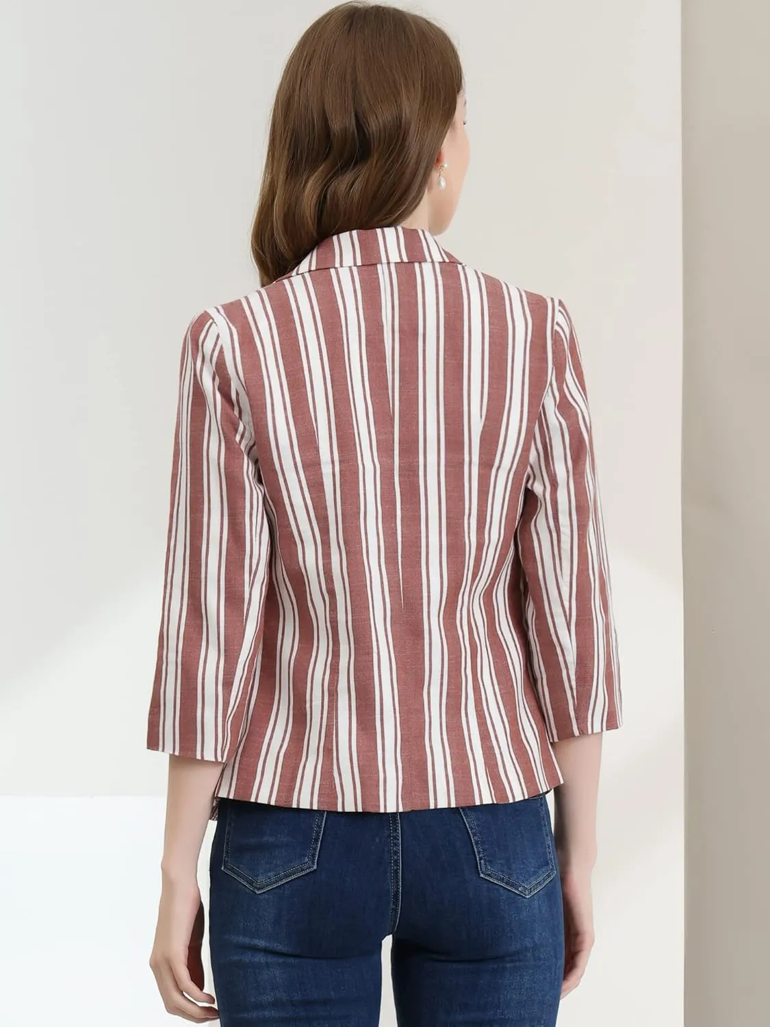 Allegra K Women's Striped Open Front Work Office 3/4 Sleeves Casual Notched Lapel Blazer