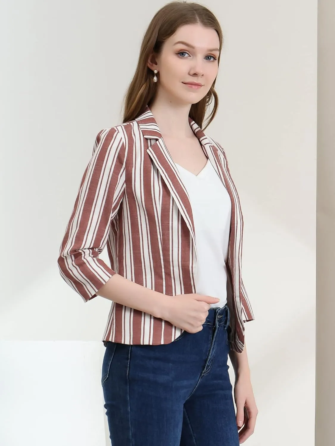 Allegra K Women's Striped Open Front Work Office 3/4 Sleeves Casual Notched Lapel Blazer