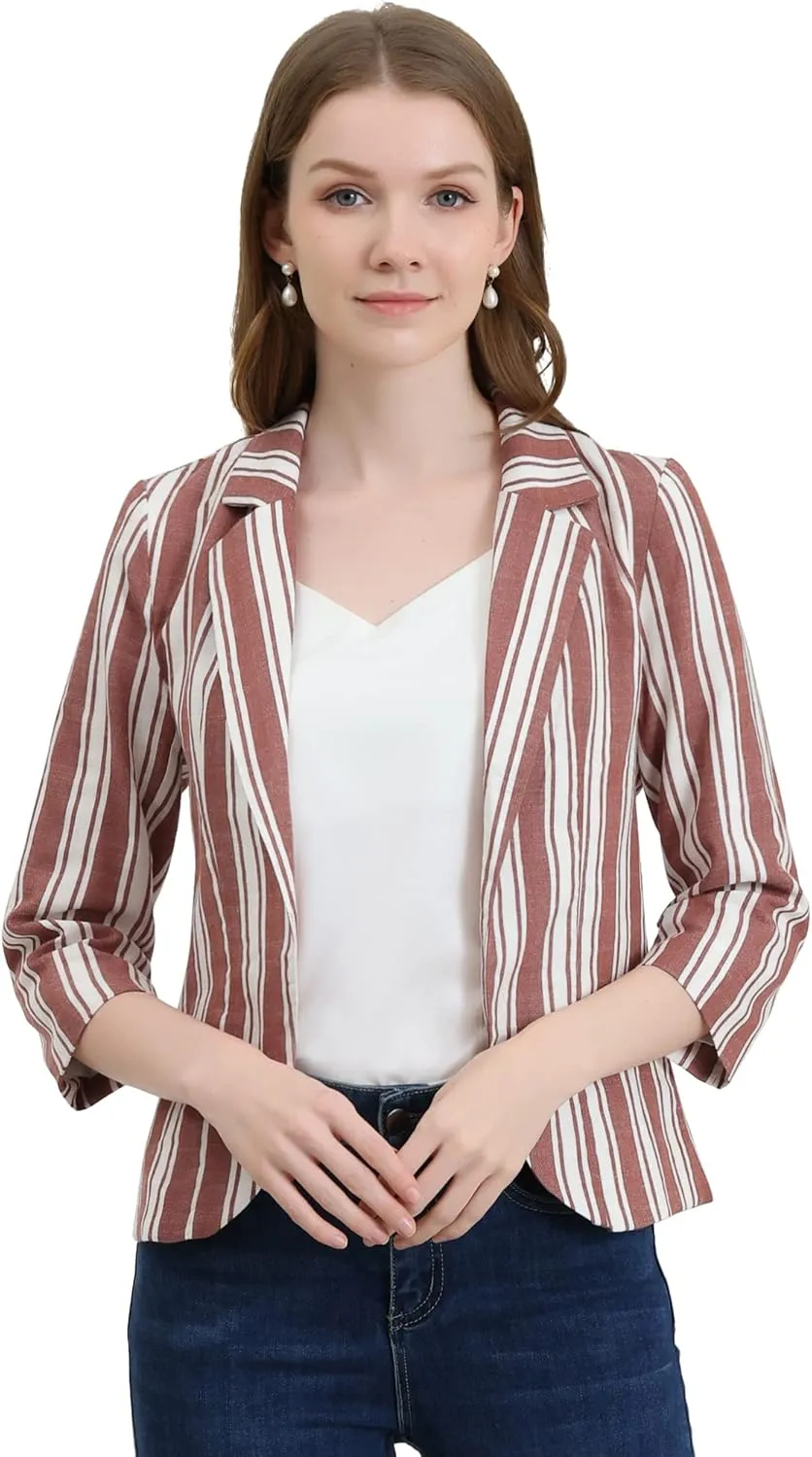 Allegra K Women's Striped Open Front Work Office 3/4 Sleeves Casual Notched Lapel Blazer