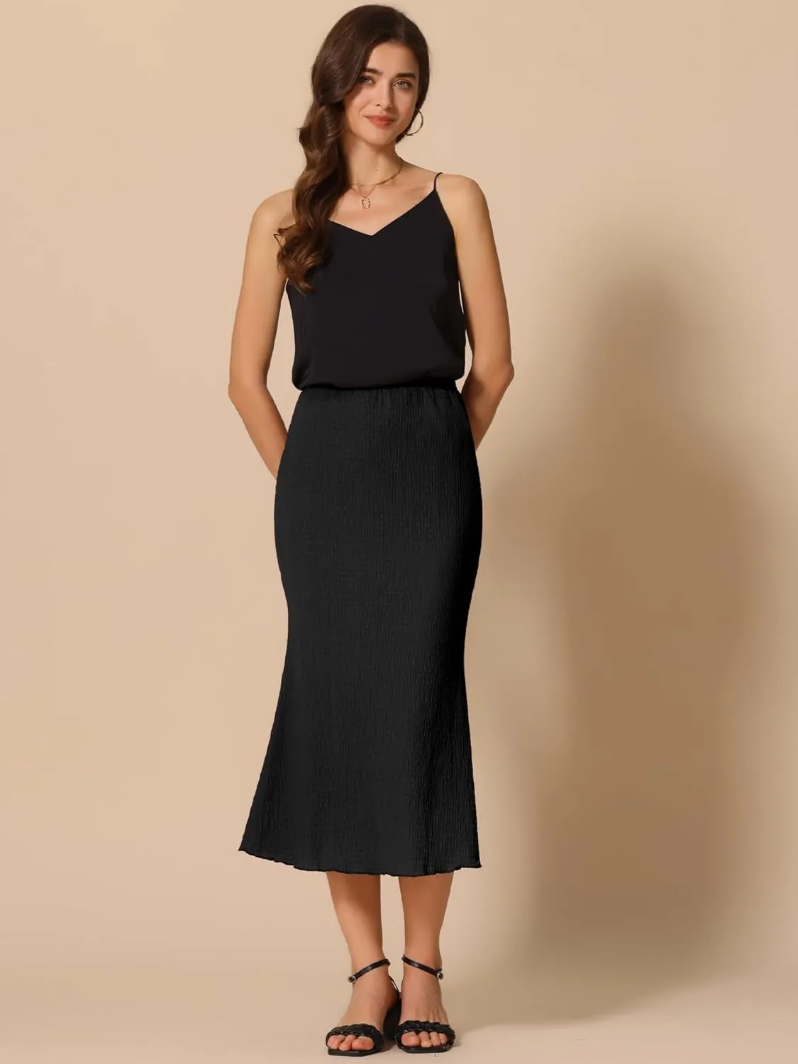 Allegra K Women's Texture Stretchy Bodycon Mermaid Skirt Lettuce Hem Elastic High Waist Maxi Skirts
