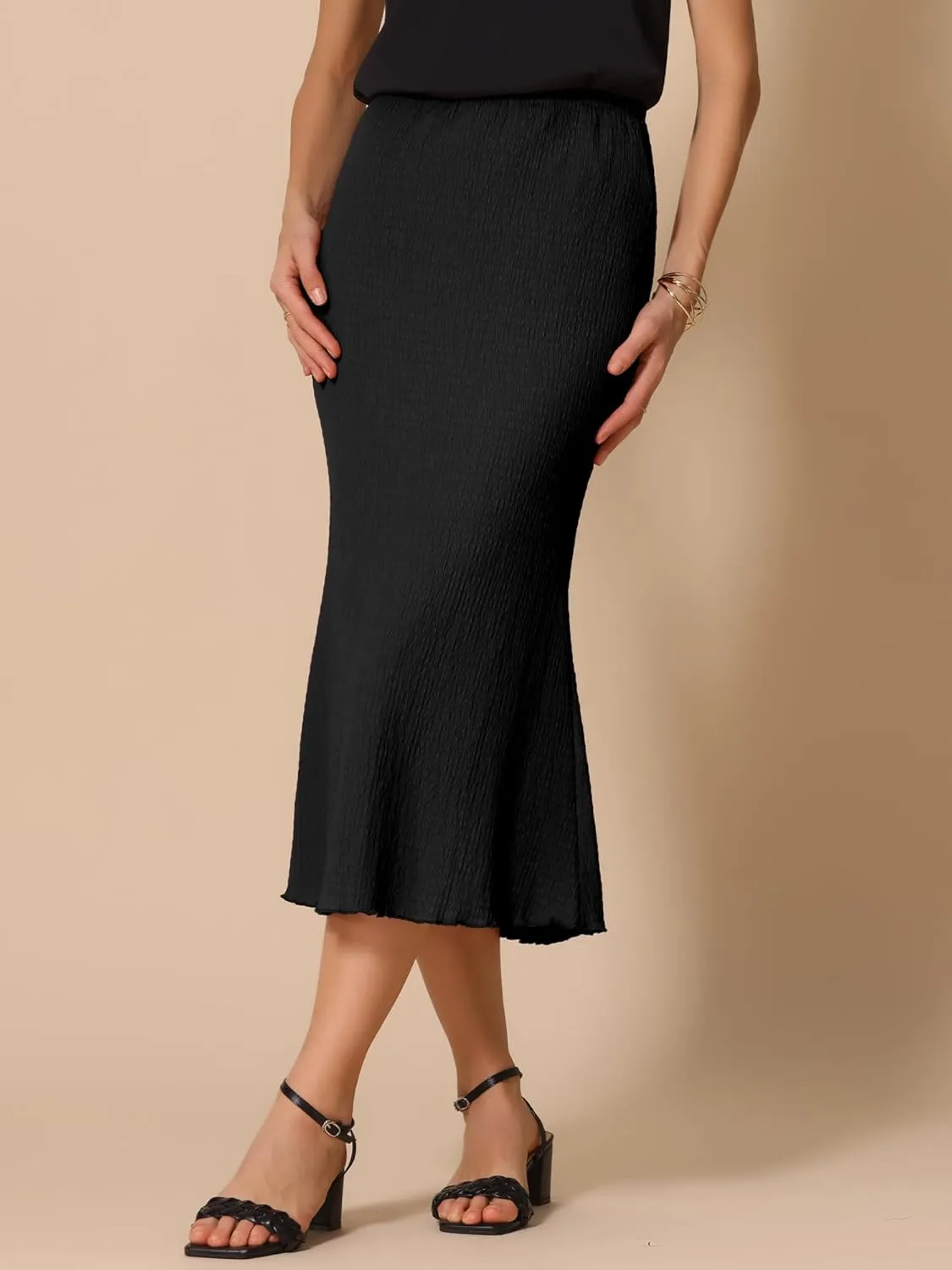 Allegra K Women's Texture Stretchy Bodycon Mermaid Skirt Lettuce Hem Elastic High Waist Maxi Skirts