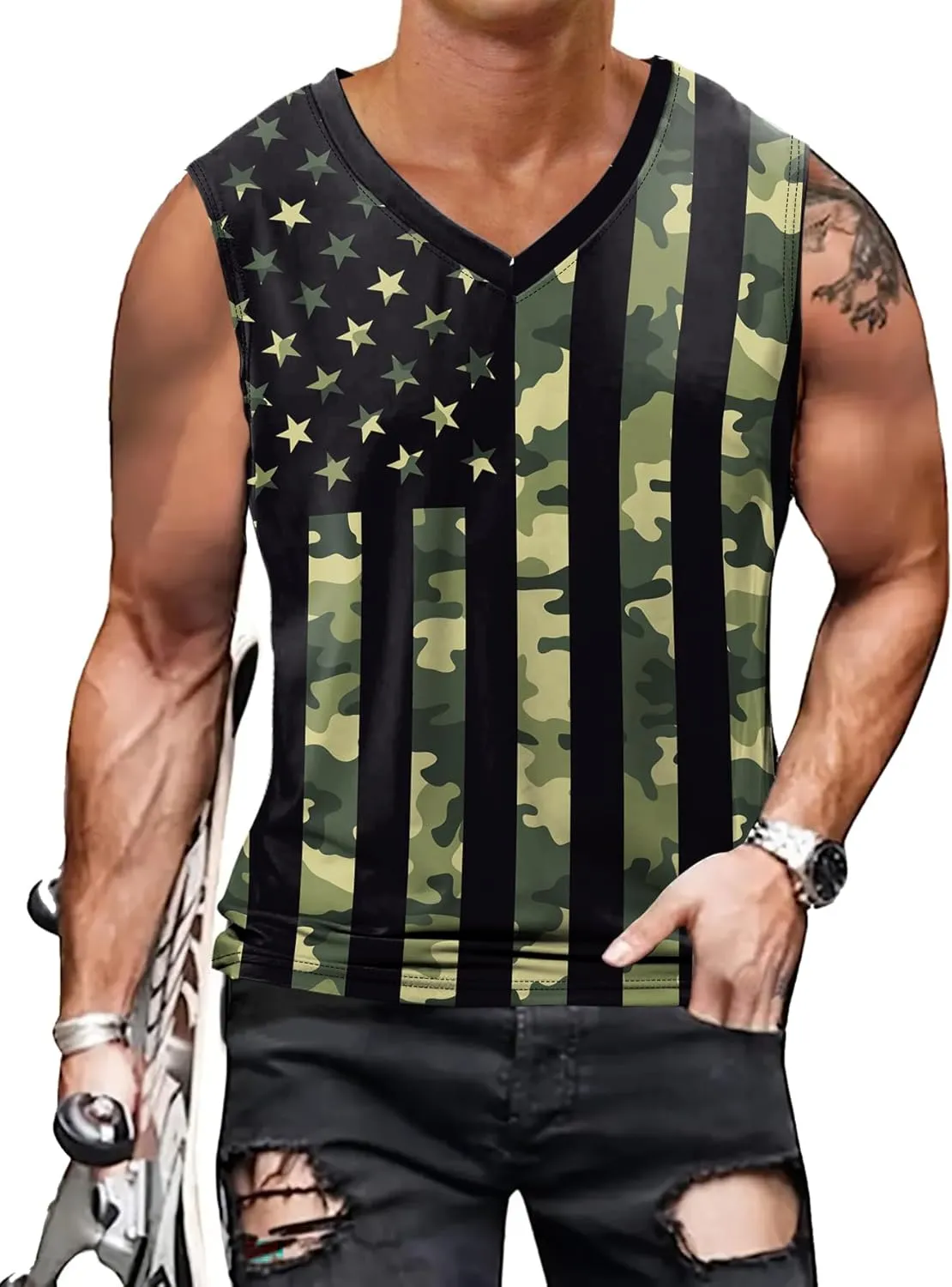 American Flag Patriotic Print Men Muscle Tank Tops Sleeveless Tee Shirts Independence Day July 4th Top