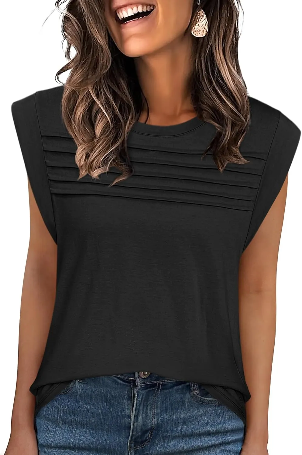 ANRABESS Tank Top for Women Summer Dressy Casual Loose Fit Pleated Shirts Cap Sleeve Tshirts 2025 Trendy Outfits Clothes