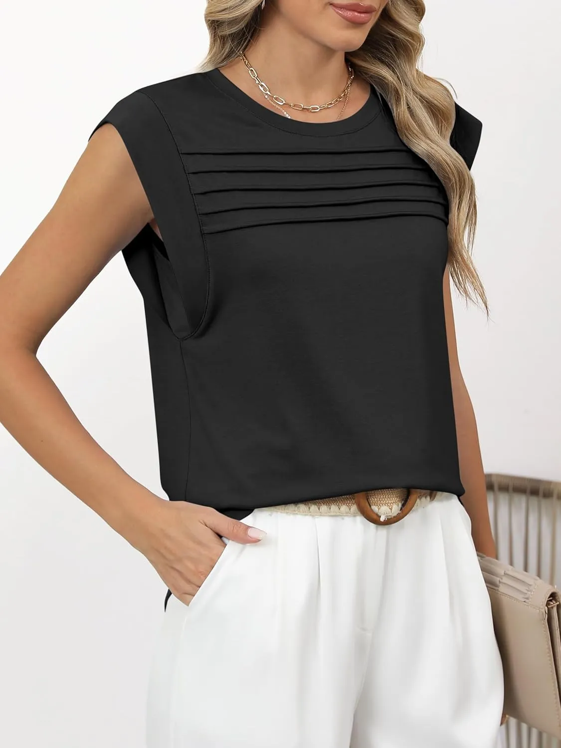 ANRABESS Tank Top for Women Summer Dressy Casual Loose Fit Pleated Shirts Cap Sleeve Tshirts 2025 Trendy Outfits Clothes