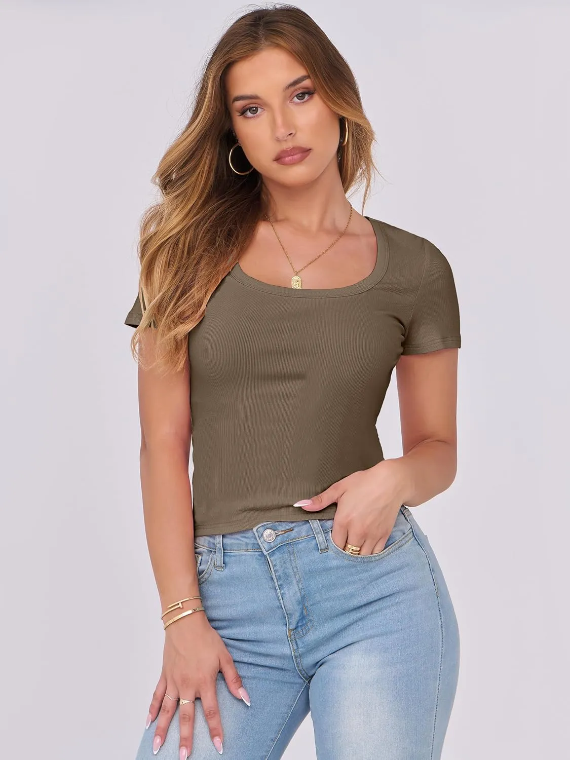 ANRABESS Women Short Sleeve Tops Scoop Neck Ribbed Knit Slim Fitted Basic Tee Shirts 2025 Casual Summer Trendy Clothes