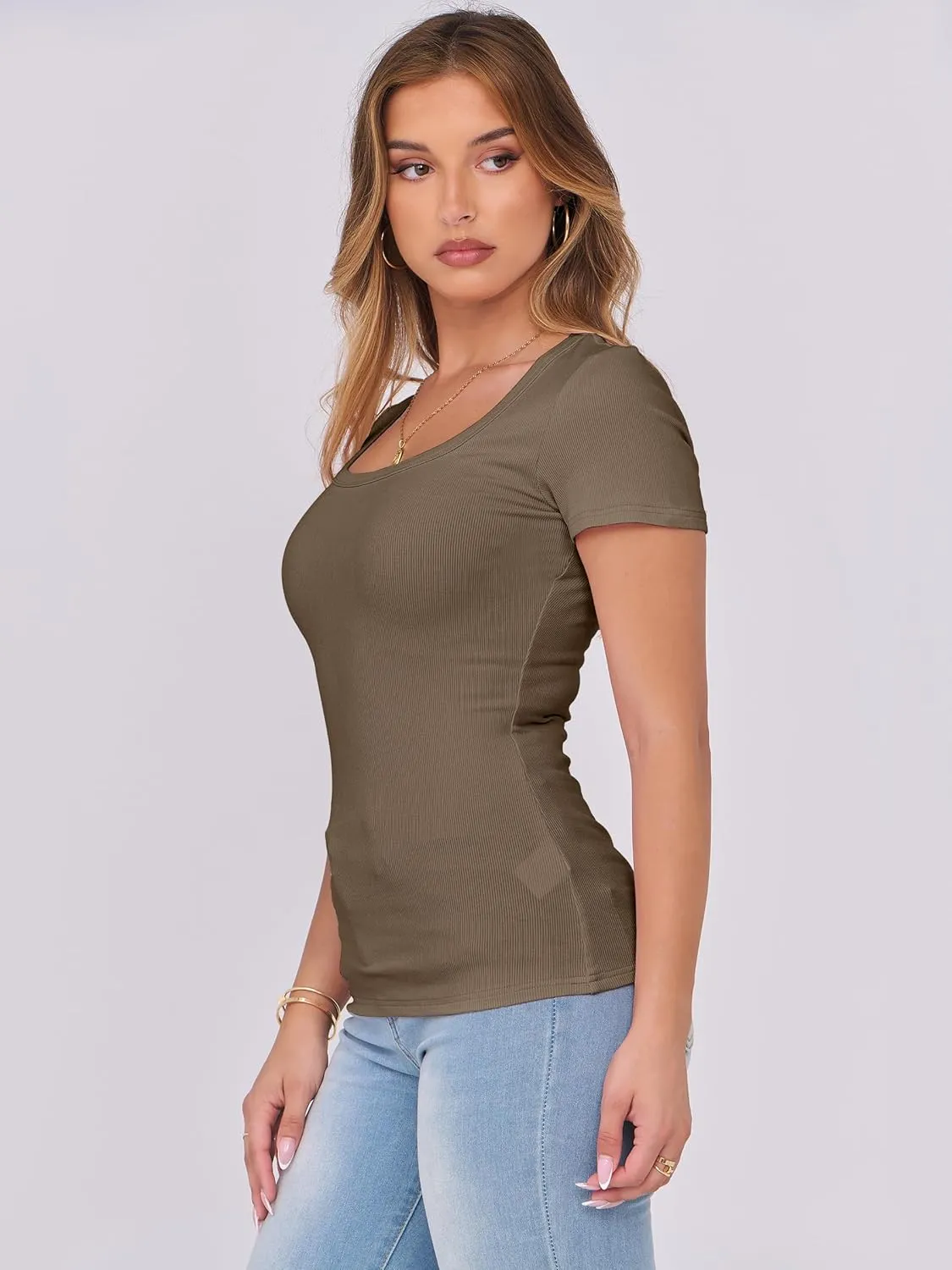 ANRABESS Women Short Sleeve Tops Scoop Neck Ribbed Knit Slim Fitted Basic Tee Shirts 2025 Casual Summer Trendy Clothes