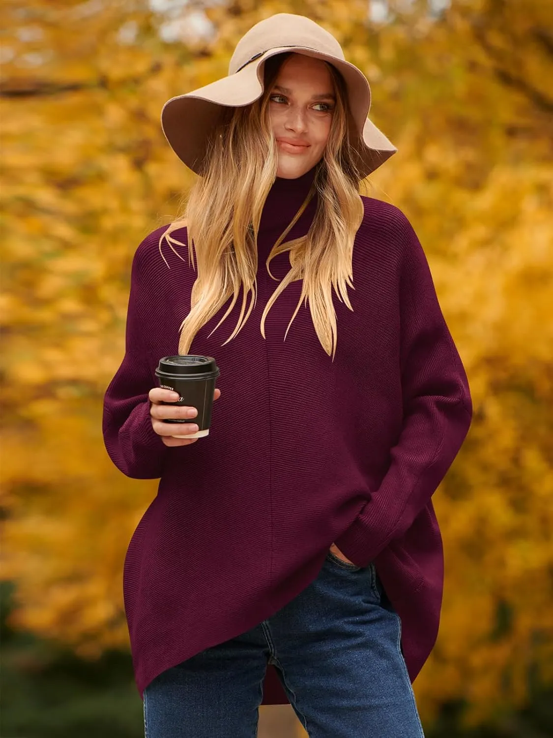 ANRABESS Womens Oversized Turtleneck Batwing Long Sleeve Casual Cozy Baggy Knit Pullover Tunic Sweater 2024 Fall Outfits
