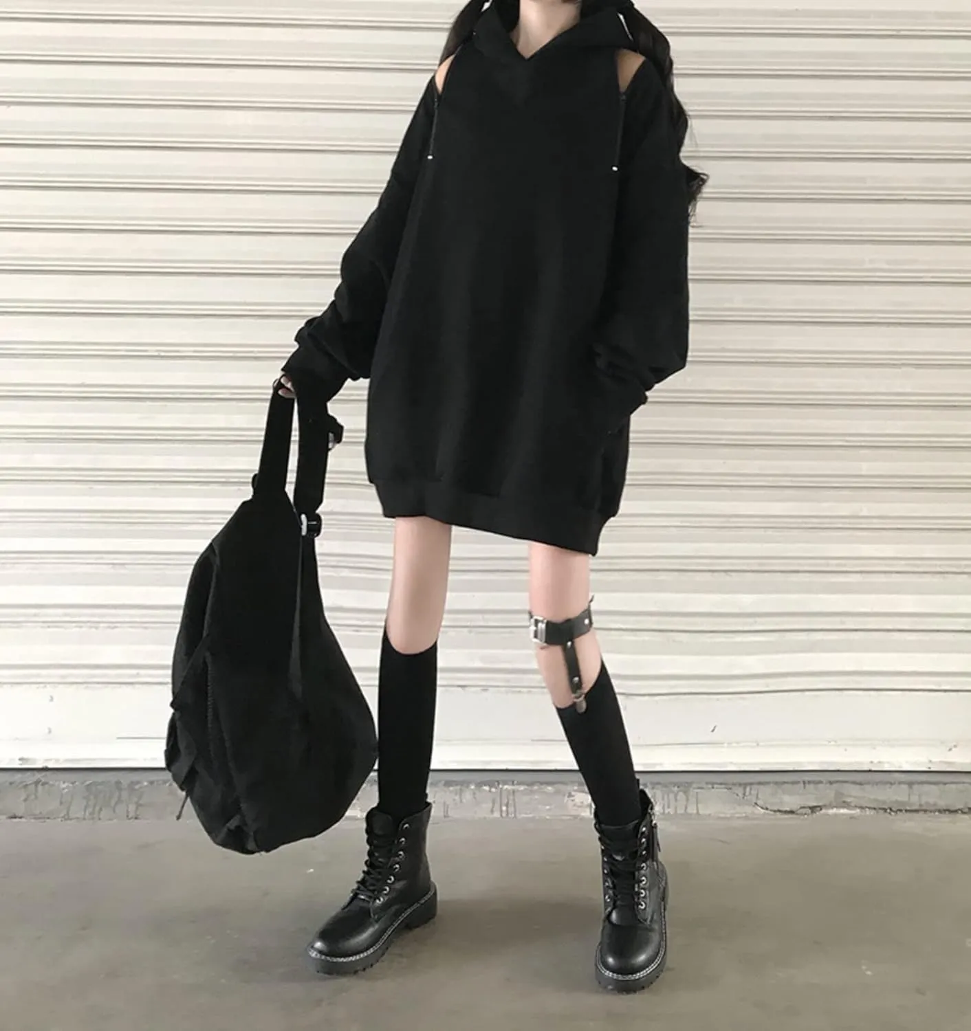 Aobiono Women Y2K Hoodie Harajuku Gothic Dark Academia Korean Japanese Kawaii Oversize Cold Shoulder Aesthetic Alt Emo Grunge