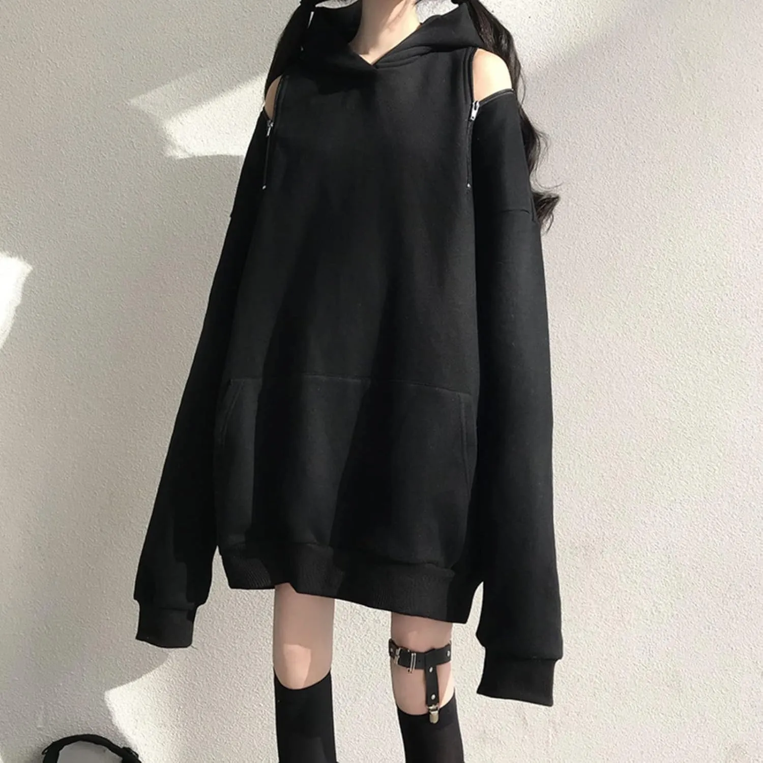 Aobiono Women Y2K Hoodie Harajuku Gothic Dark Academia Korean Japanese Kawaii Oversize Cold Shoulder Aesthetic Alt Emo Grunge
