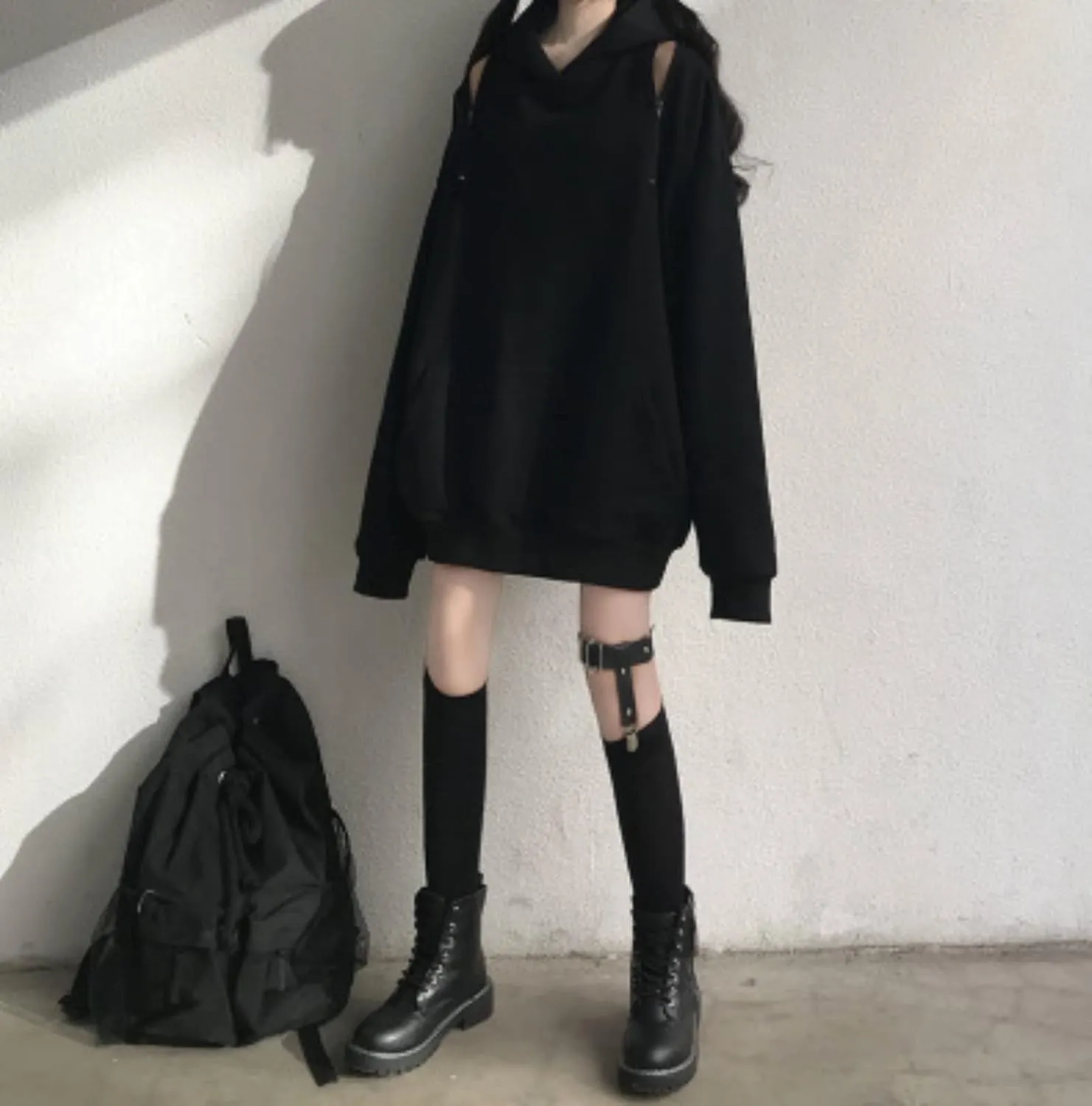Aobiono Women Y2K Hoodie Harajuku Gothic Dark Academia Korean Japanese Kawaii Oversize Cold Shoulder Aesthetic Alt Emo Grunge