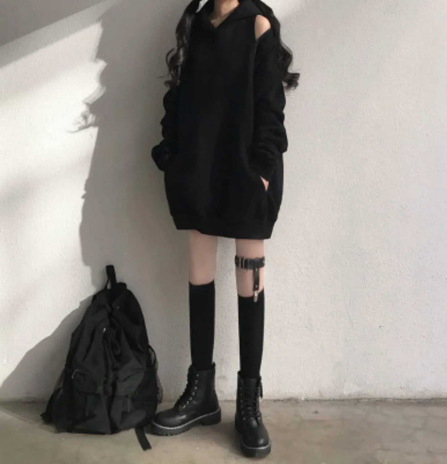 Aobiono Women Y2K Hoodie Harajuku Gothic Dark Academia Korean Japanese Kawaii Oversize Cold Shoulder Aesthetic Alt Emo Grunge