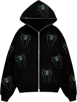Aopwsrlyi Women's Y2K Zip Up Hoodies Gothic Vintage Graphic Print Sweatshirt Oversized Long Sleeve Casual Jackets Streetwear