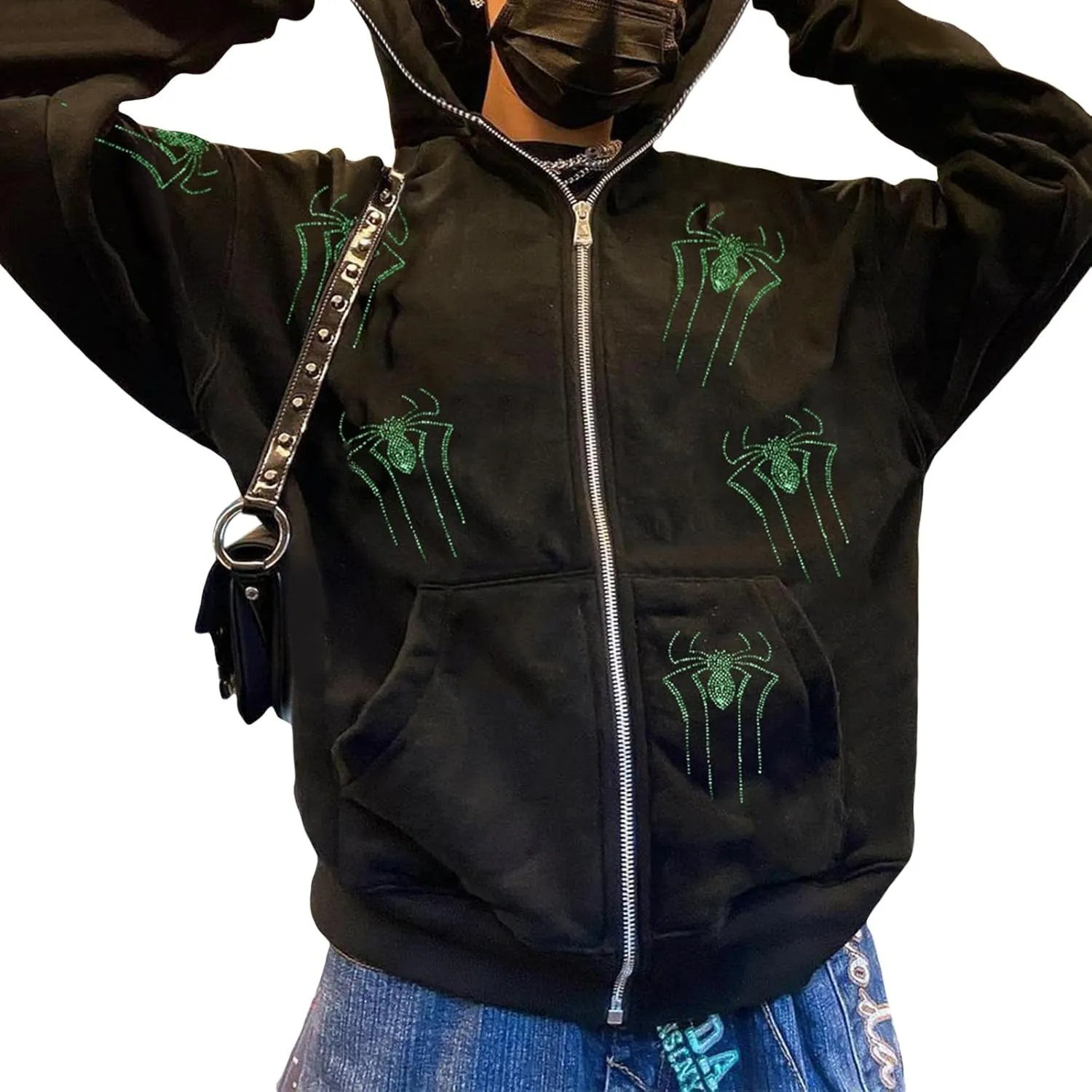 Aopwsrlyi Women's Y2K Zip Up Hoodies Gothic Vintage Graphic Print Sweatshirt Oversized Long Sleeve Casual Jackets Streetwear